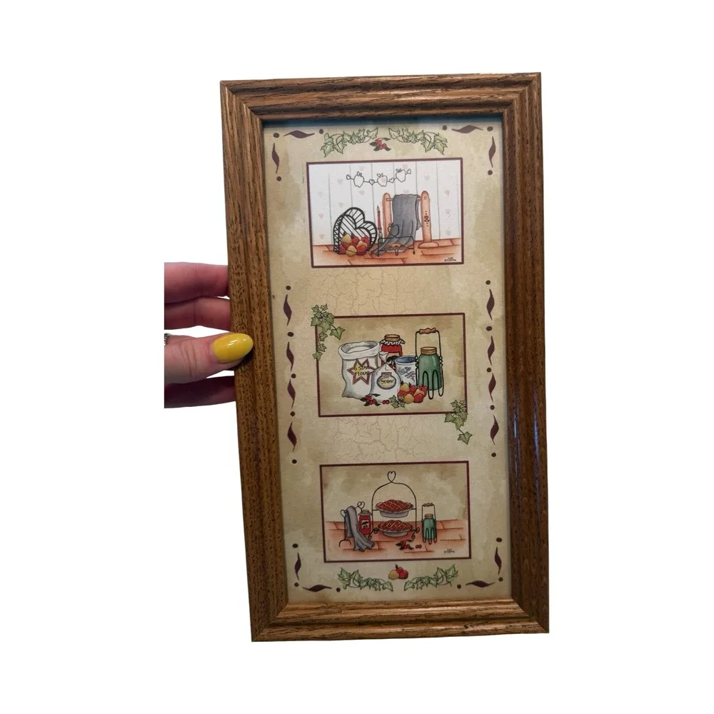 Vintage Country Kitchen Framed Wall Art Triptych Oak Wood Frame Farmhouse Decor